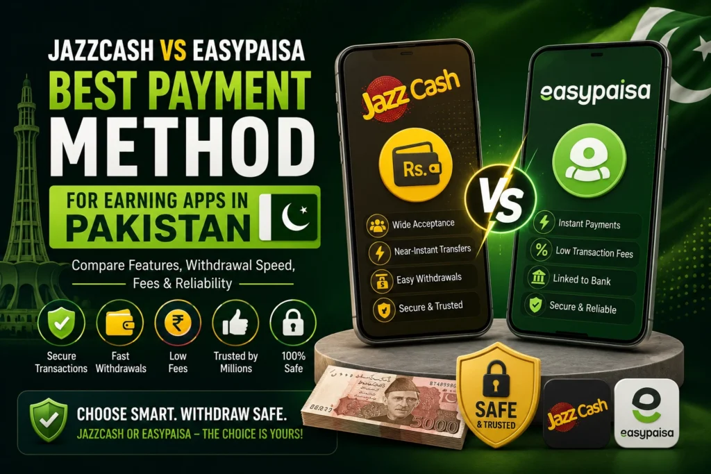 JazzCash vs EasyPaisa earning apps comparison showing withdrawal speed, security, fees, and payment options for Pakistan users.