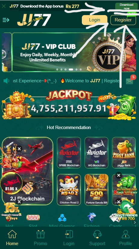 JJ 77 Game download button and APK install screen for Android