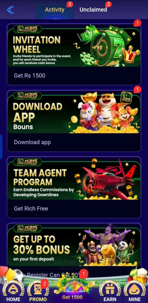  ISB15 Game activity tab showing active promotions and rewards