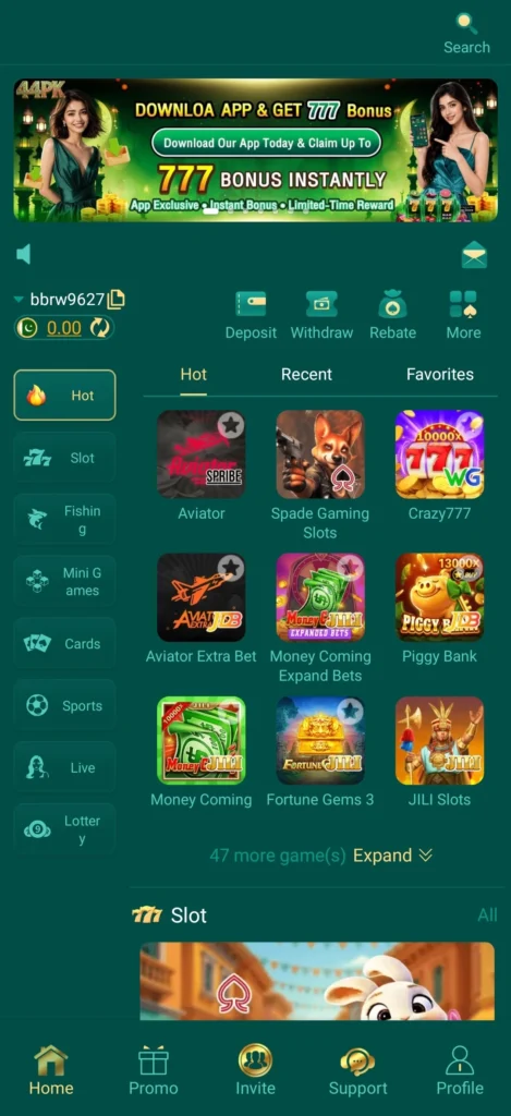 44PK Game daily login reward – Mini Games and Cards categories