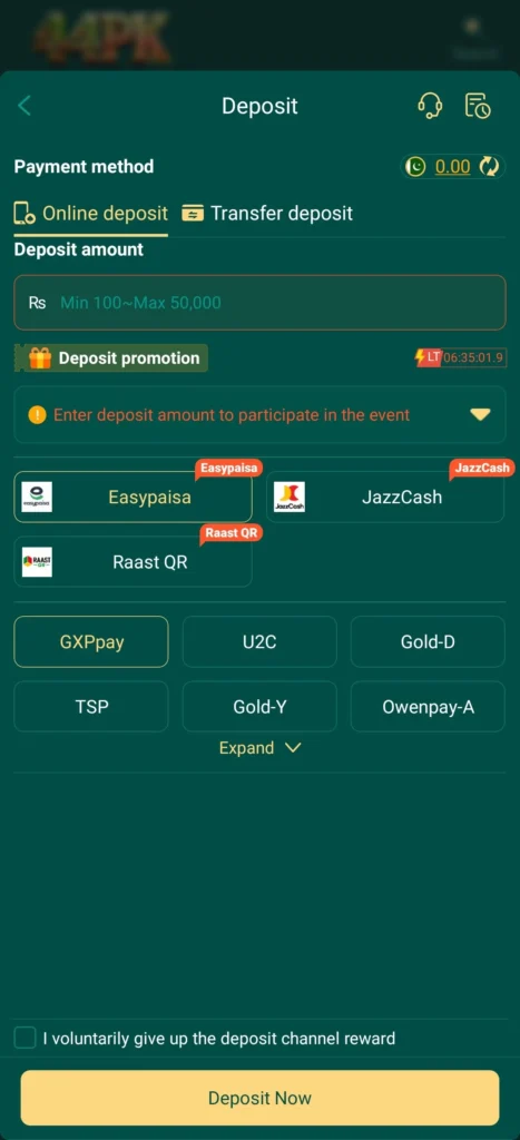 44PK Game first deposit bonus – deposit screen and payment methods