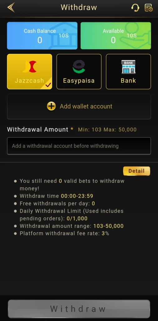 Jeeto786 Game withdrawal requirements – withdraw screen details