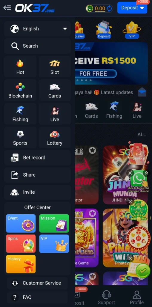 OK37 Game APK download Pakistan – full category menu