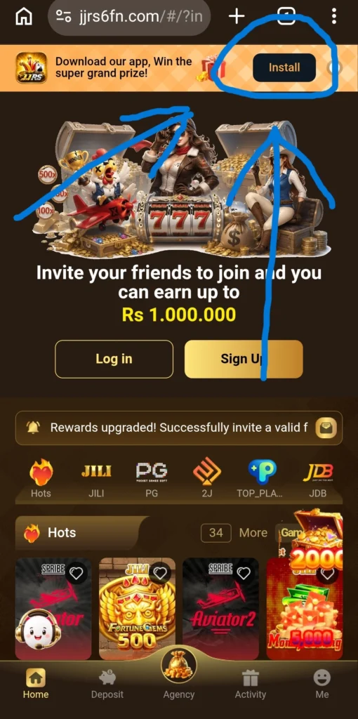JJRS Game APK download homepage on jjrs6fn.com with Rs 1,000,000 invite bonus banner