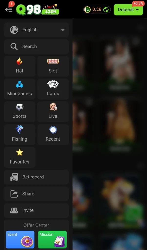 Q98 game side menu showing game categories and Offer Center grid