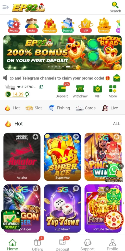 EP92 game login homepage showing balance and 200% first deposit bonus banner