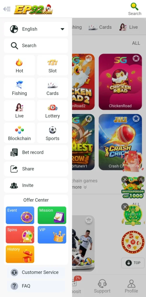 EP92 game download side menu showing category tabs and Offer Center