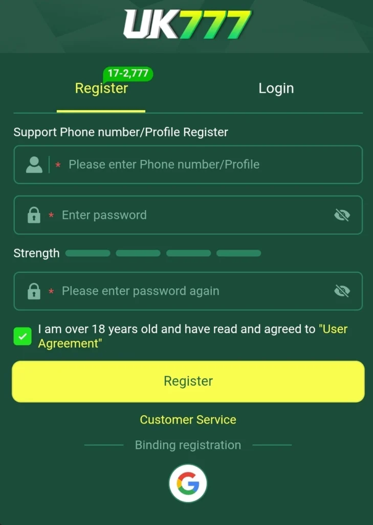 UK777 register online screen showing phone number and password fields