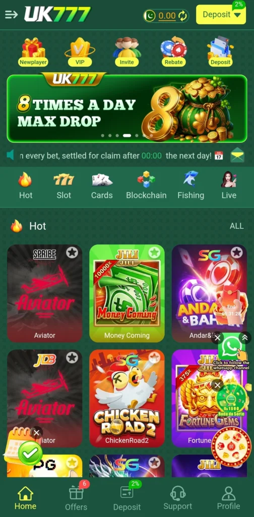 UK777 game homepage showing Hot tab with Aviator and Chicken Road 2
