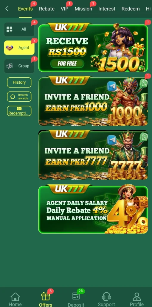 UK777 offers tab showing Rs1500 signup bonus and PKR7777 invite reward
