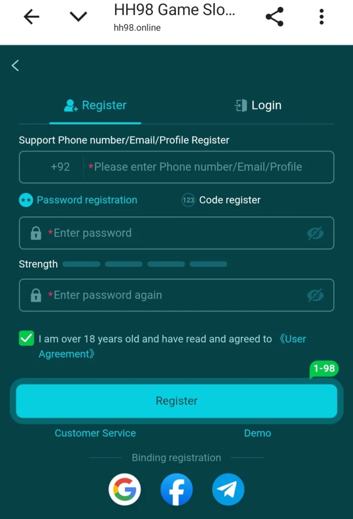 HH98 register online confirmation screen with 8888 bonus and download button