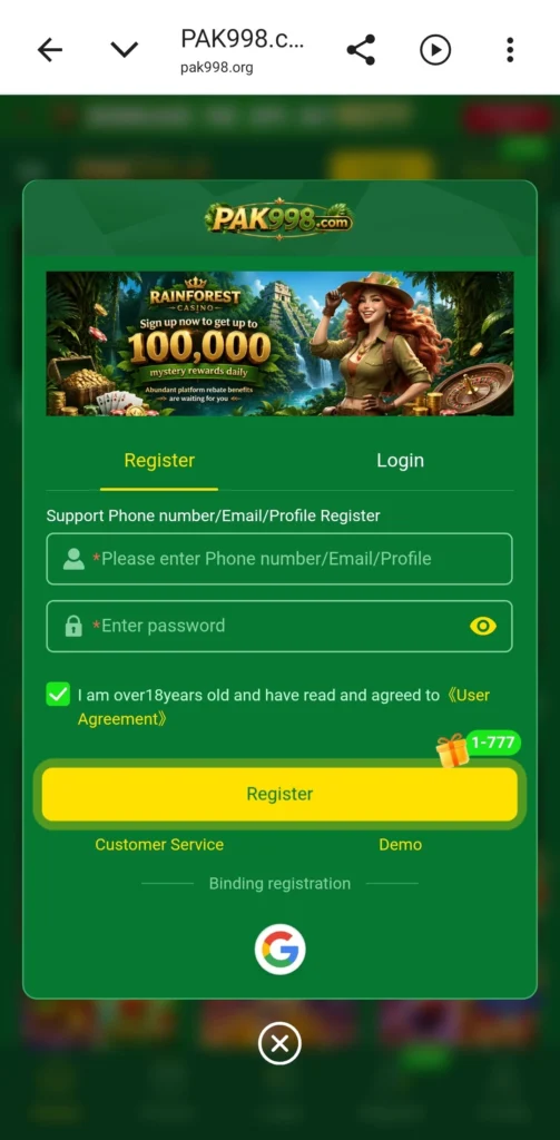 PAK998 register form on pak998.org with phone number and password fields