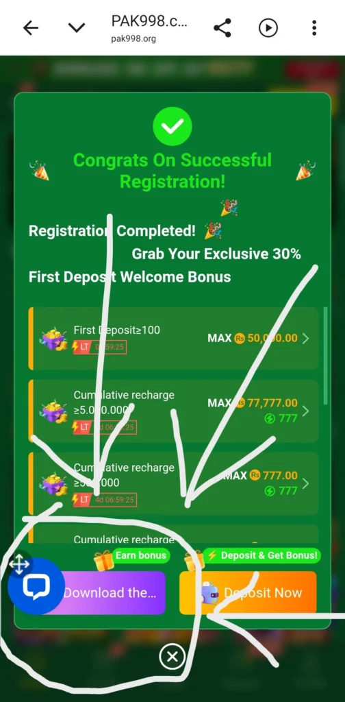 PAK998 registration confirmation screen with 30 percent first deposit bonus tiers