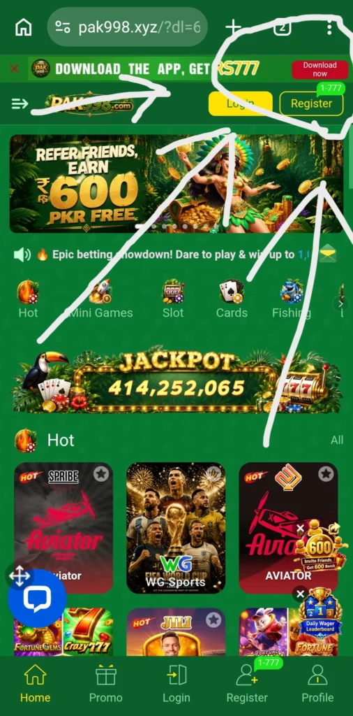 PAK998 landing page on pak998.xyz with download the app get Rs777 banner