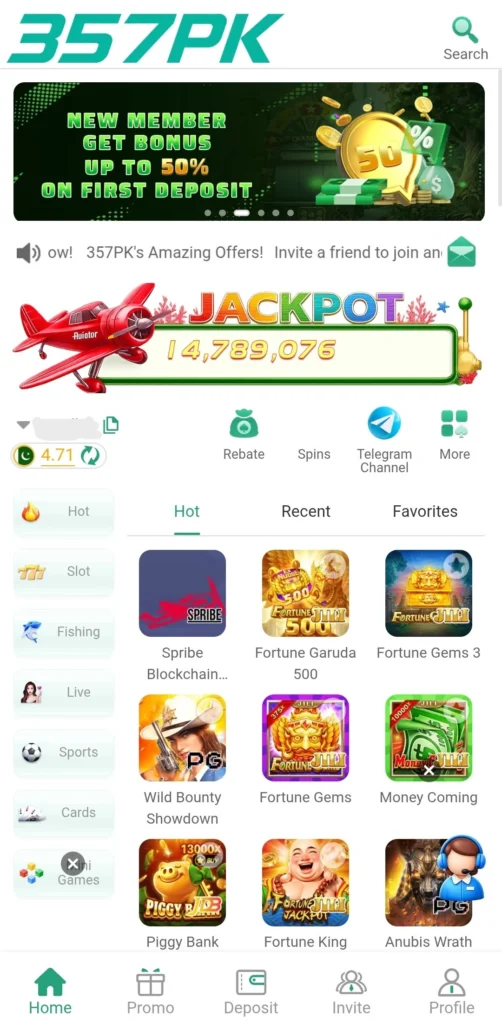 357PK game APK home screen showing jackpot counter and Hot tab game selection