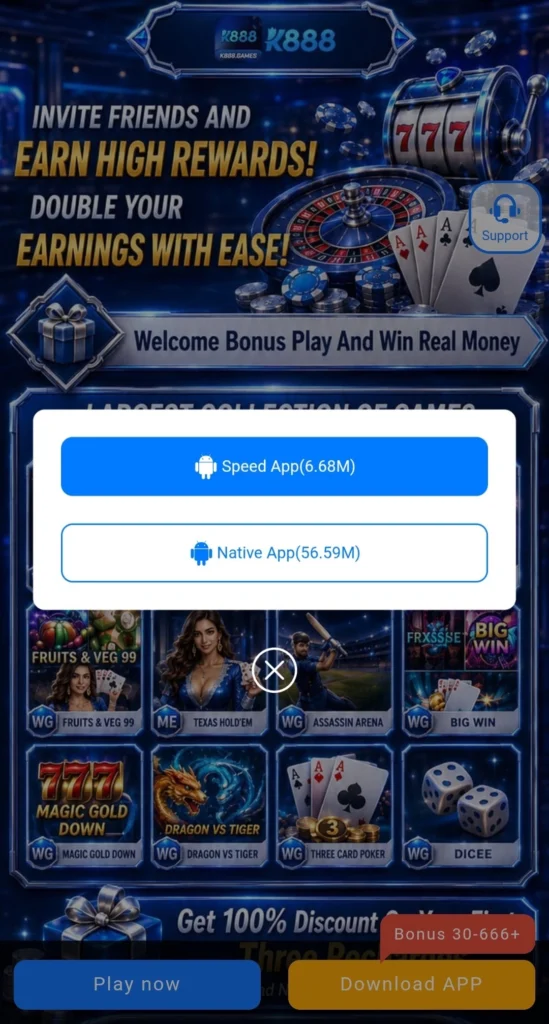 K888 game apk download popup showing Speed App and Native App file size options