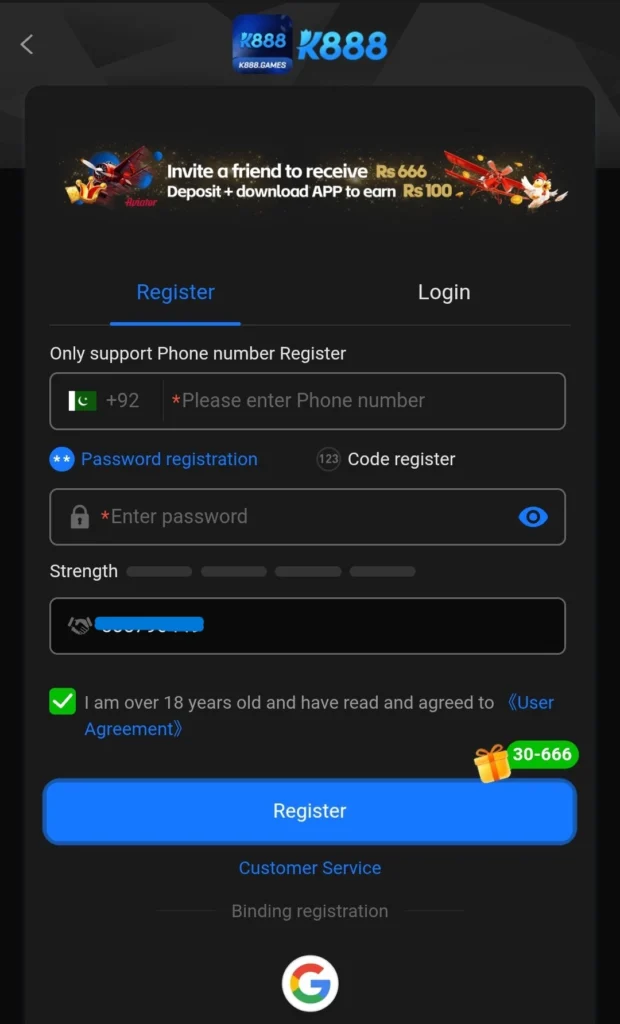 K888 game register form showing phone number field and pre filled referral code