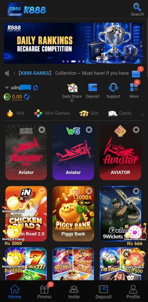 K888 game apk landing page showing invite friends and largest game collection banner