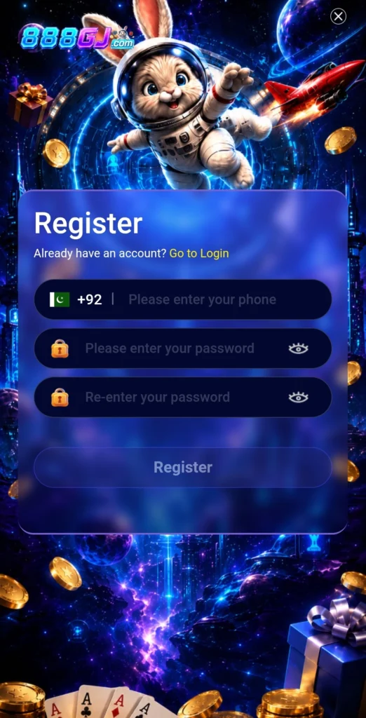 888GJ game register screen with phone and password fields