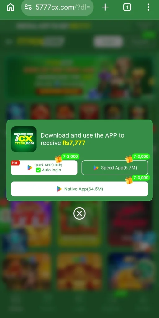 CX777 game apk download popup showing Quick App Speed App and Native App options