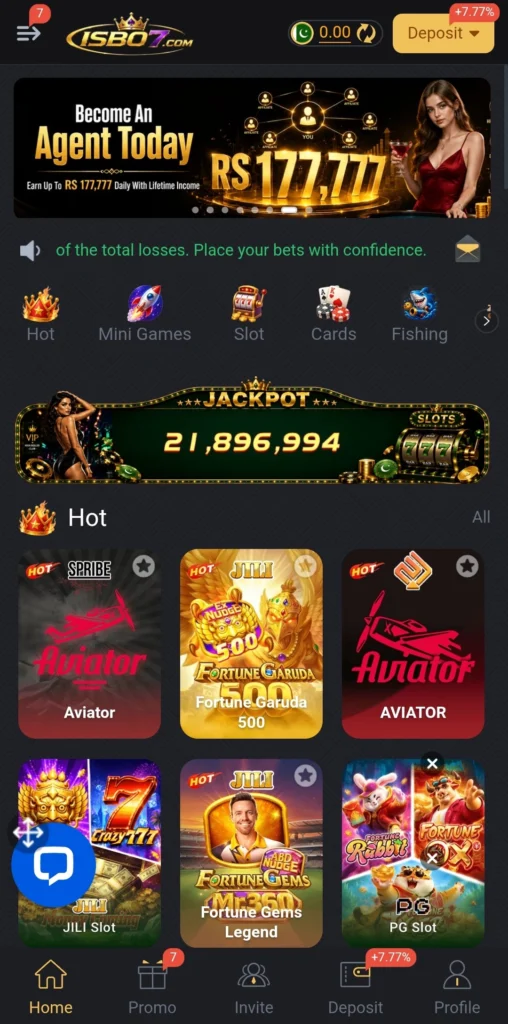 ISB 07 APK home screen displaying games, wallet, promotions, and bonus offers