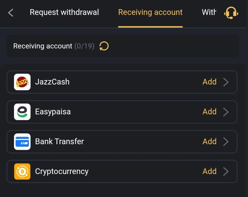 ISB 07 APK withdrawal page showing JazzCash, Easypaisa, bank transfer, and wallet withdrawal options