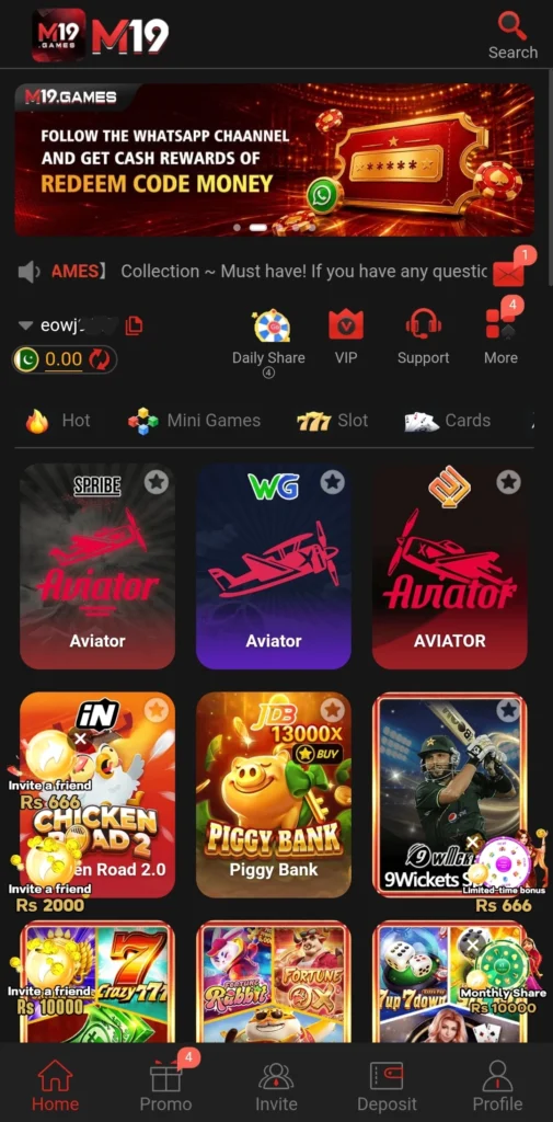 M 19 game homepage showing slot, card, and sports betting game thumbnails