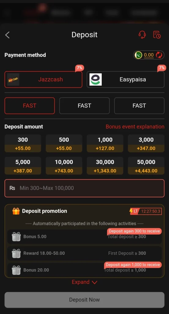M 19 App deposit screen showing JazzCash and Easypaisa payment options with tiered bonuses