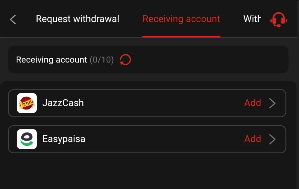 M 19 APK withdrawal screen showing receiving account setup with JazzCash and Easypaisa