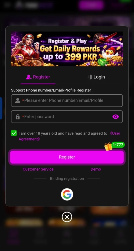 786ACE register and login screen showing a daily rewards banner up to 399 PKR