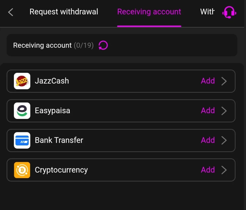 786ACE APK withdrawal request screen showing the withdrawal tab alongside receiving account setup