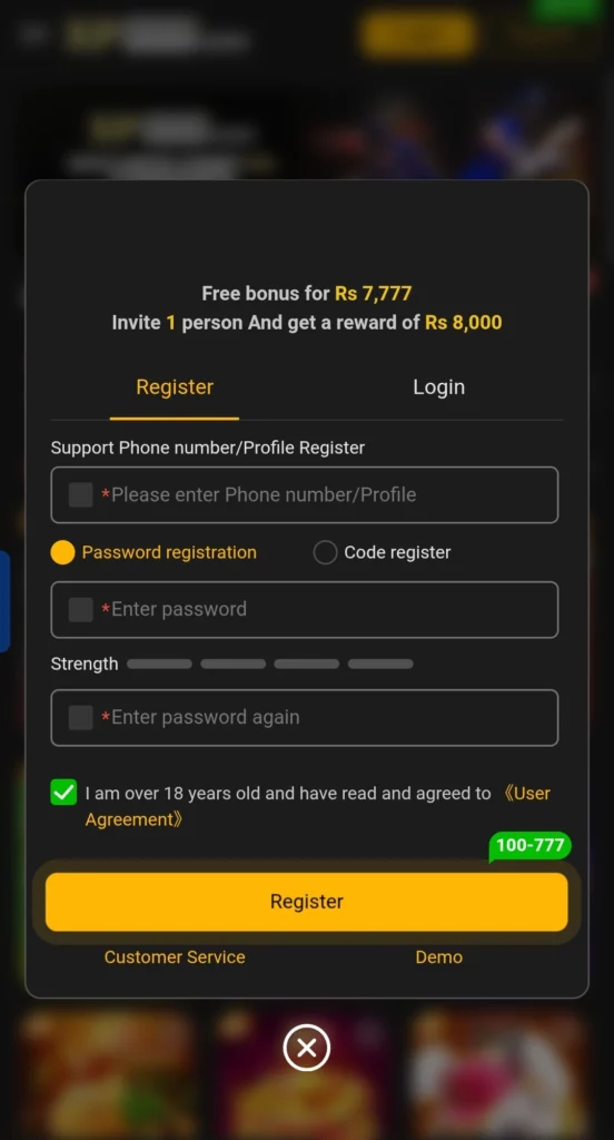 XP777 register and login screen showing a free bonus of Rs 7,777 and an invite reward of Rs 8,000