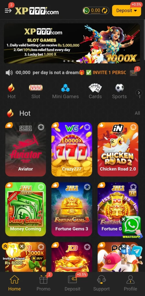 XP777 app homepage showing Aviator, Crazy777, and Chicken Road 2.0 in the Hot tab