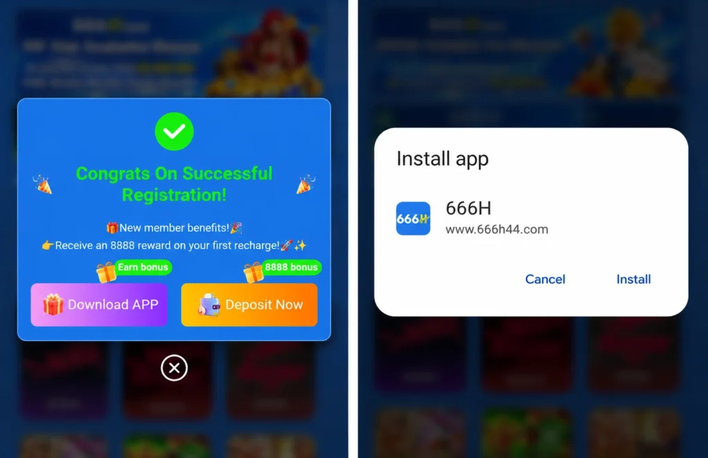 666H Install success popup showing first deposit reward