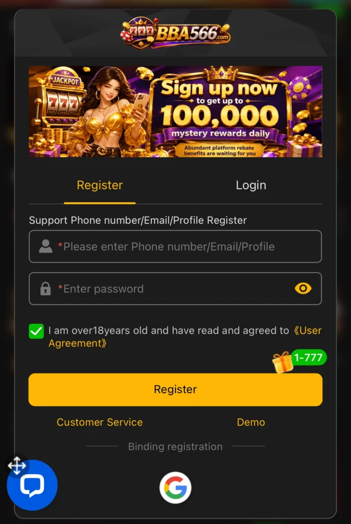 bba566 apk register screen showing phone number and password fields
