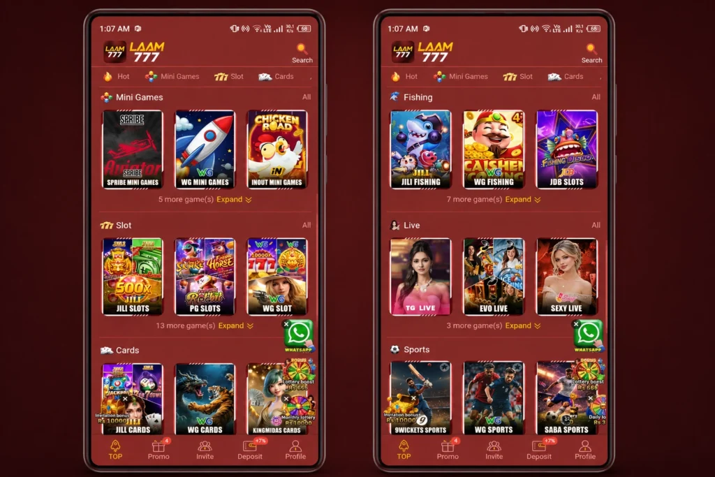 LAAM777 Game library showing Aviator, JILI slots, and PG slots