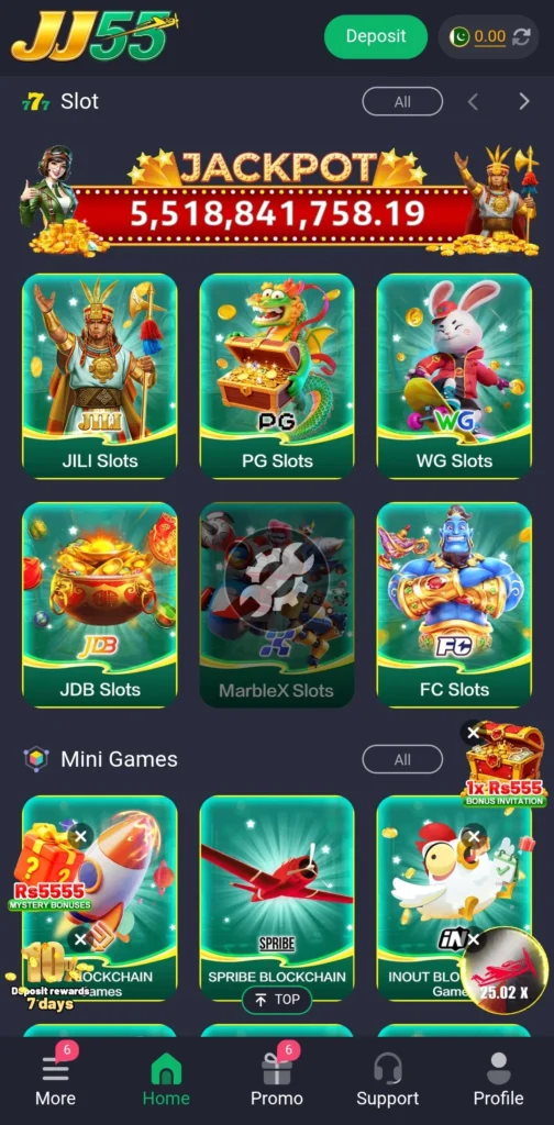 JJ55 app download homepage showing the VIP Club banner and Hot tab game selection