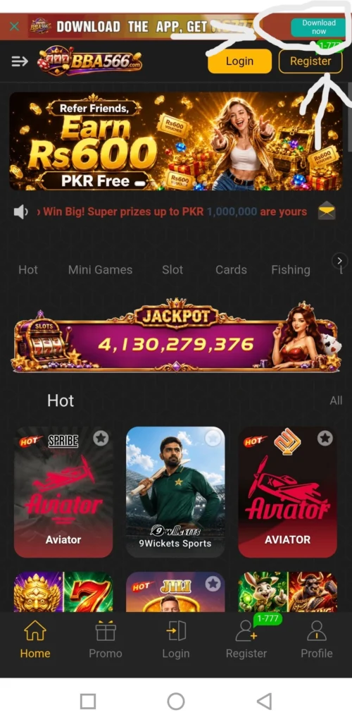 BBA566 download game homepage showing jackpot ticker and referral banner
