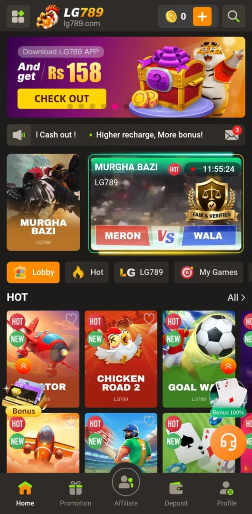 LG789 game app homepage showing a Rs158 download bonus and the Murgha Bazi tile