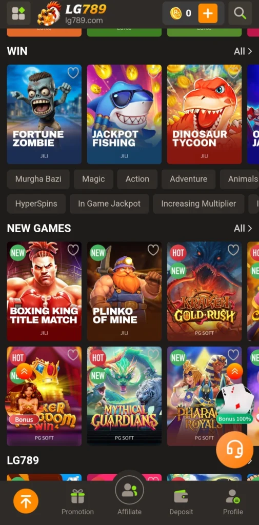 LG789 game app WIN row showing Fortune Zombie, Jackpot Fishing, and Dinosaur Tycoon