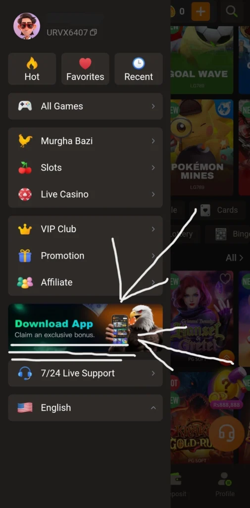 LG789 download apk side menu showing VIP Club, Promotion, and Affiliate sections