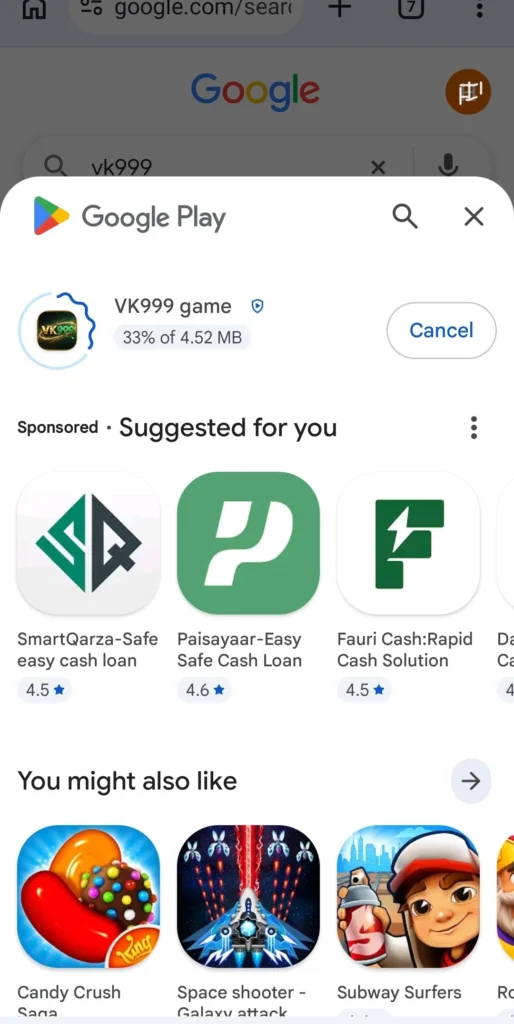 VK999 Game APK showing on Google Play during VK999 APK download search
