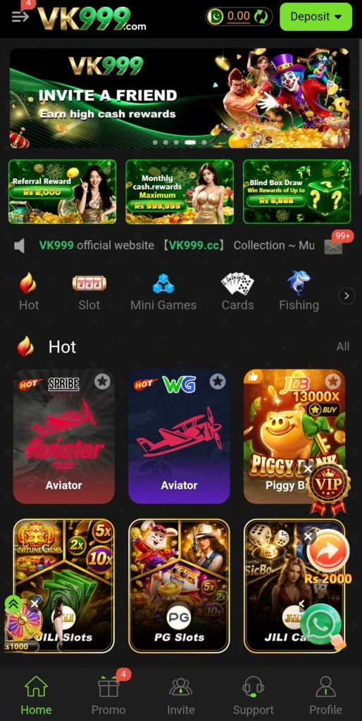 VK999 Game APK dashboard after login showing wallet balance and Deposit button