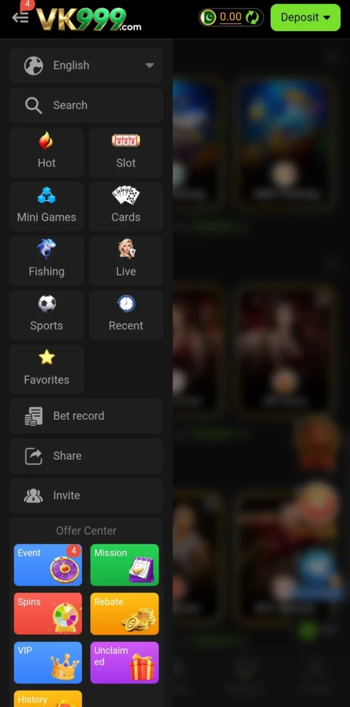 VK999 Games sidebar menu with categories and offer center