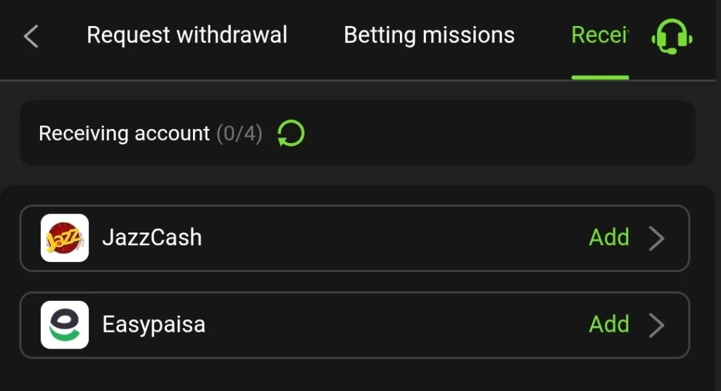 VK999 Game withdrawal page for adding JazzCash or EasyPaisa receiving account
