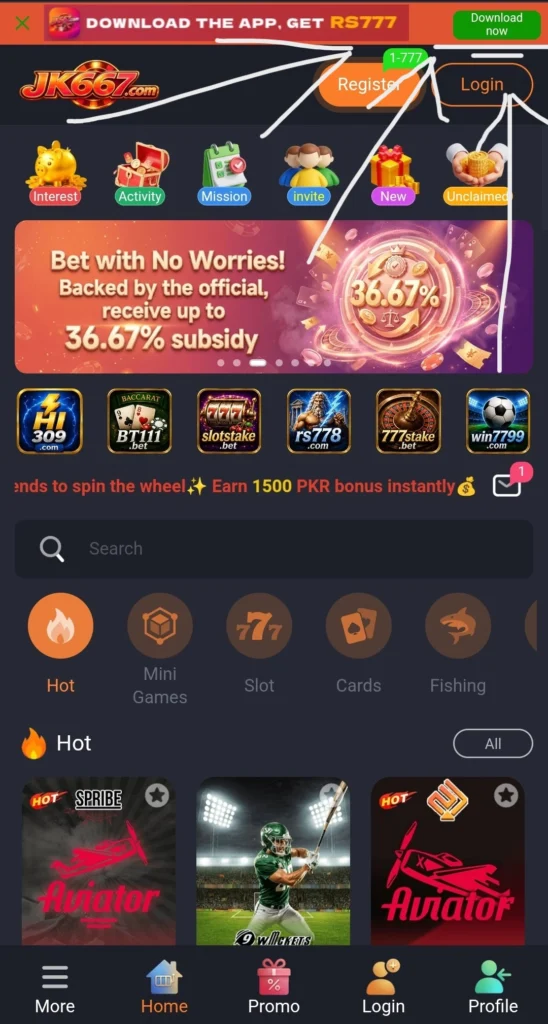 JK667 Game download homepage showing Register and Login buttons on jk667.xyz