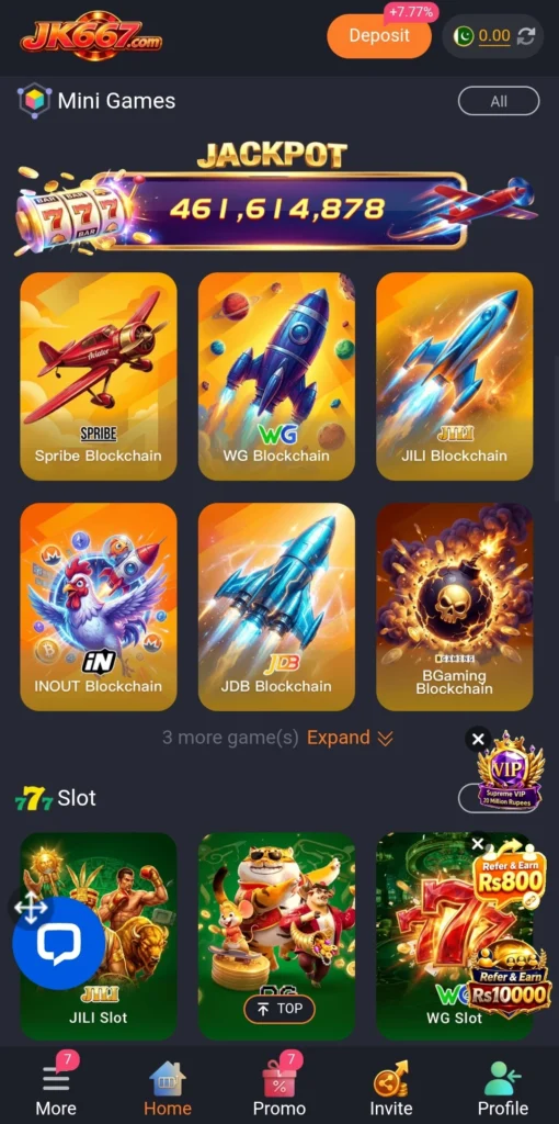 JK667 gameplay mini games section showing blockchain crash games and jackpot counter