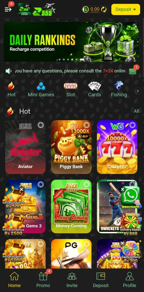 Z555 Game dashboard after login showing wallet balance and Hot games row