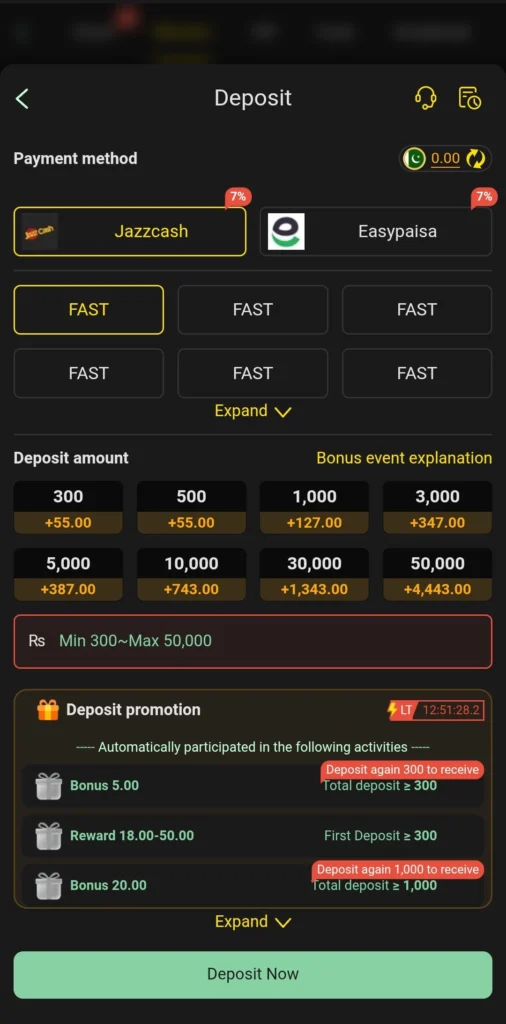 Z555 deposit page showing JazzCash EasyPaisa and bonus tiers