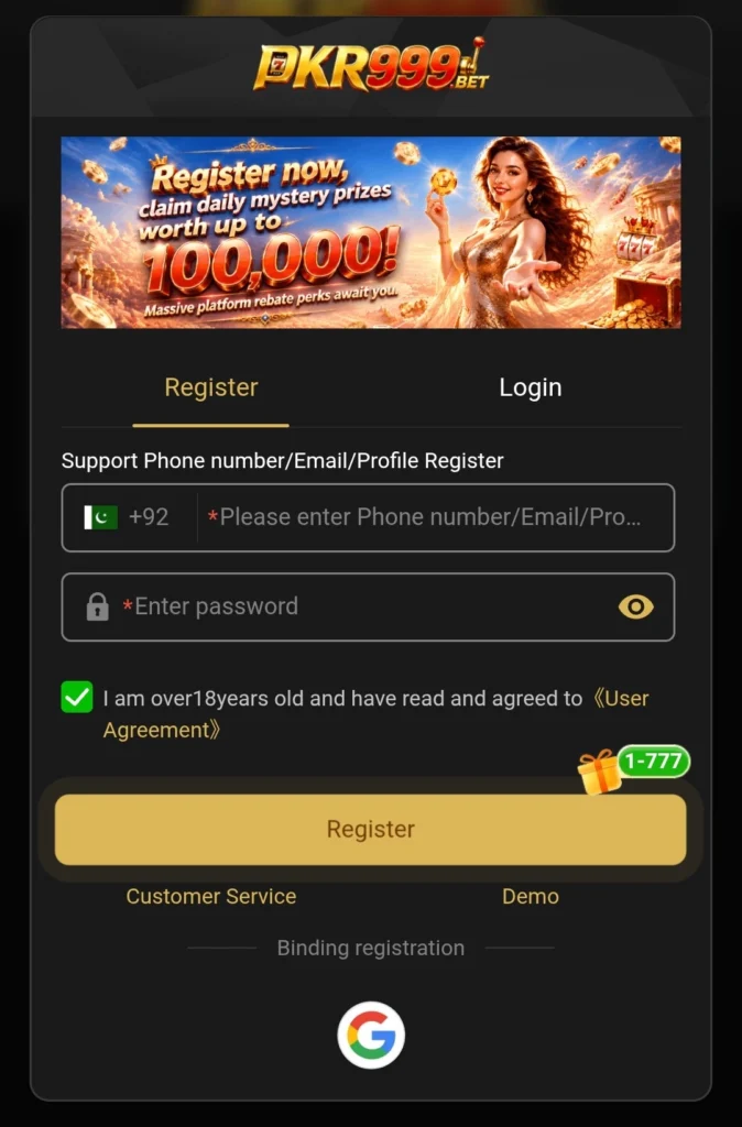 PKR999 Game Registration form showing phone number and password fields